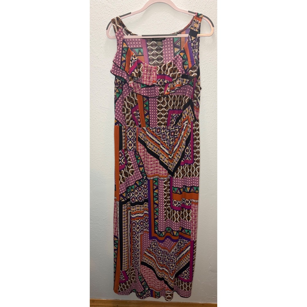 Susan Lawrence Maxi Dress Womens 2X Multicolor Excellent Ruffle‎ Geometric Boho
